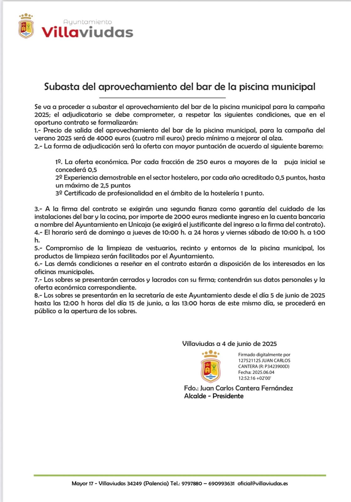 Subasta del aprovechamiento del bar de la piscina municipal